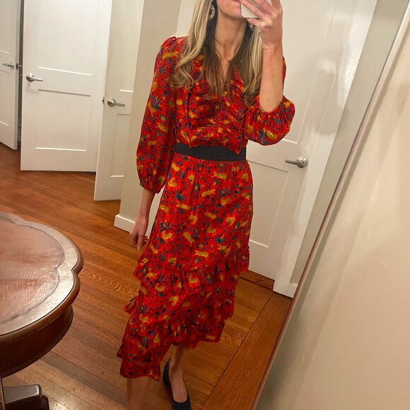 NWT J. Crew Collection Red Silk Tiger Jungle Cat Ruffle Tier Dress 00 - Picture 2 of 4